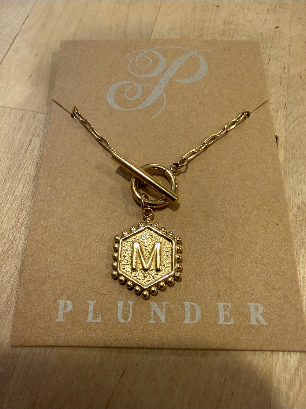 Plunder Gold Hexagon 'M' Pendant Necklace with Toggle